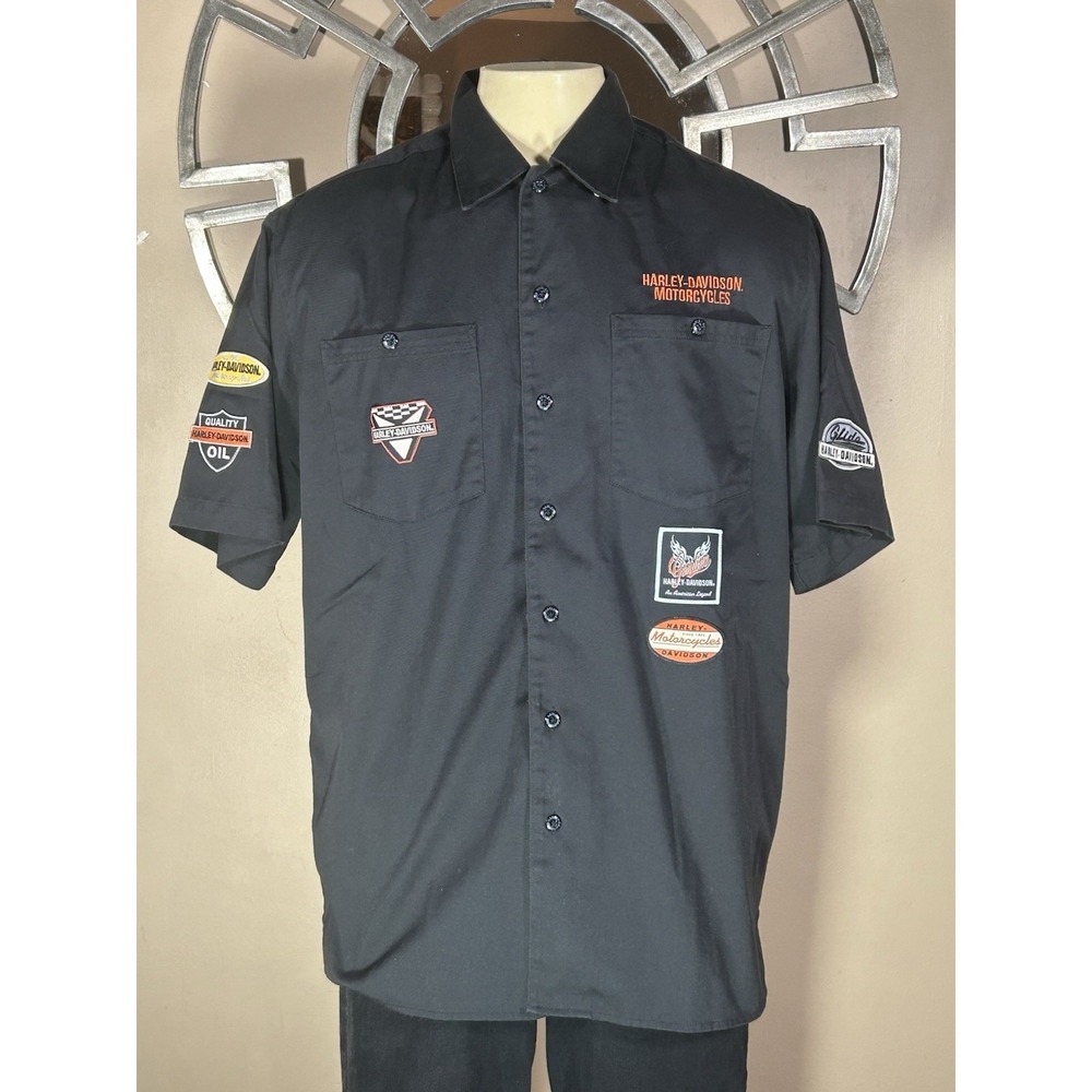 Harley Davidson Motorcycles Black Button Up Shirt w/ Patches Size L Vintage 2004